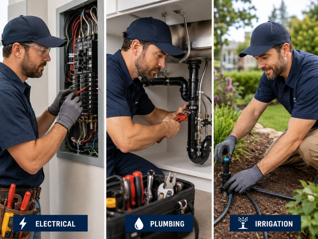 A&J Designs at work: electrical panel wiring, plumbing under a sink, and yard irrigation.